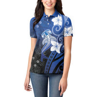 Polynesia Hammerhead Shark Women Polo Shirt Blue Tribal Pattern With Plumeria - Polynesian Pride