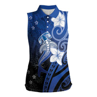 Polynesia Hammerhead Shark Women Sleeveless Polo Shirt Blue Tribal Pattern With Plumeria - Polynesian Pride
