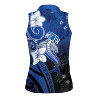 Polynesia Hammerhead Shark Women Sleeveless Polo Shirt Blue Tribal Pattern With Plumeria - Polynesian Pride