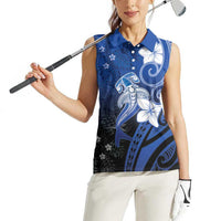 Polynesia Hammerhead Shark Women Sleeveless Polo Shirt Blue Tribal Pattern With Plumeria - Polynesian Pride