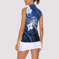 Polynesia Hammerhead Shark Women Sleeveless Polo Shirt Blue Tribal Pattern With Plumeria - Polynesian Pride
