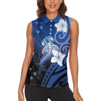 Polynesia Hammerhead Shark Women Sleeveless Polo Shirt Blue Tribal Pattern With Plumeria - Polynesian Pride