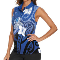 Polynesia Hammerhead Shark Women Sleeveless Polo Shirt Blue Tribal Pattern With Plumeria - Polynesian Pride