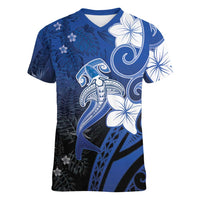 Polynesia Hammerhead Shark Women V-Neck T-Shirt Blue Tribal Pattern With Plumeria - Polynesian Pride