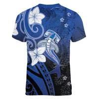 Polynesia Hammerhead Shark Women V-Neck T-Shirt Blue Tribal Pattern With Plumeria - Polynesian Pride