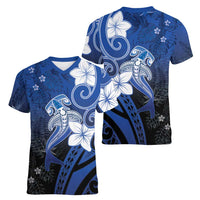 Polynesia Hammerhead Shark Women V-Neck T-Shirt Blue Tribal Pattern With Plumeria - Polynesian Pride