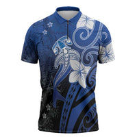 Polynesia Hammerhead Shark Zipper Polo Shirt Blue Tribal Pattern With Plumeria - Polynesian Pride