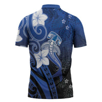 Polynesia Hammerhead Shark Zipper Polo Shirt Blue Tribal Pattern With Plumeria - Polynesian Pride