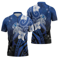 Polynesia Hammerhead Shark Zipper Polo Shirt Blue Tribal Pattern With Plumeria - Polynesian Pride