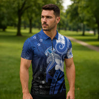 Polynesia Hammerhead Shark Zipper Polo Shirt Blue Tribal Pattern With Plumeria - Polynesian Pride