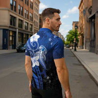 Polynesia Hammerhead Shark Zipper Polo Shirt Blue Tribal Pattern With Plumeria - Polynesian Pride