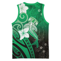 Polynesia Hammerhead Shark Basketball Jersey Green Tribal Pattern With Plumeria - Polynesian Pride