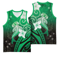Polynesia Hammerhead Shark Basketball Jersey Green Tribal Pattern With Plumeria - Polynesian Pride