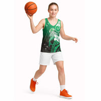 Polynesia Hammerhead Shark Basketball Jersey Green Tribal Pattern With Plumeria - Polynesian Pride