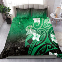 Polynesia Hammerhead Shark Bedding Set Green Tribal Pattern With Plumeria - Polynesian Pride