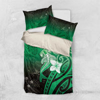 Polynesia Hammerhead Shark Bedding Set Green Tribal Pattern With Plumeria - Polynesian Pride