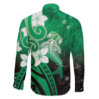 Polynesia Hammerhead Shark Family Matching Off The Shoulder Long Sleeve Dress and Hawaiian Shirt Green Tribal Pattern With Plumeria LT05 - Polynesian Pride