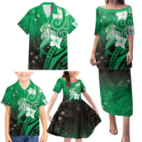 Polynesia Hammerhead Shark Family Matching Puletasi and Hawaiian Shirt Green Tribal Pattern With Plumeria - Polynesian Pride