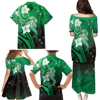 Polynesia Hammerhead Shark Family Matching Puletasi and Hawaiian Shirt Green Tribal Pattern With Plumeria - Polynesian Pride
