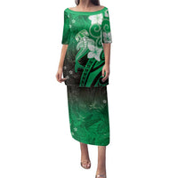 Polynesia Hammerhead Shark Family Matching Puletasi and Hawaiian Shirt Green Tribal Pattern With Plumeria - Polynesian Pride