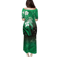 Polynesia Hammerhead Shark Family Matching Puletasi and Hawaiian Shirt Green Tribal Pattern With Plumeria - Polynesian Pride