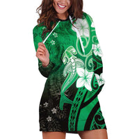 Polynesia Hammerhead Shark Hoodie Dress Green Tribal Pattern With Plumeria - Polynesian Pride