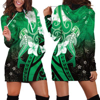 Polynesia Hammerhead Shark Hoodie Dress Green Tribal Pattern With Plumeria - Polynesian Pride