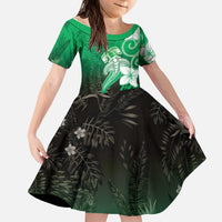 Polynesia Hammerhead Shark Kid Short Sleeve Dress Green Tribal Pattern With Plumeria - Polynesian Pride