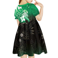 Polynesia Hammerhead Shark Kid Short Sleeve Dress Green Tribal Pattern With Plumeria - Polynesian Pride