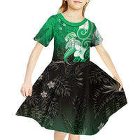 Polynesia Hammerhead Shark Kid Short Sleeve Dress Green Tribal Pattern With Plumeria - Polynesian Pride