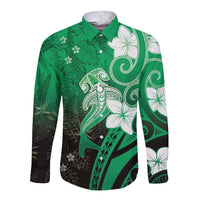 Polynesia Hammerhead Shark Long Sleeve Button Shirt Green Tribal Pattern With Plumeria - Polynesian Pride