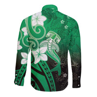 Polynesia Hammerhead Shark Long Sleeve Button Shirt Green Tribal Pattern With Plumeria - Polynesian Pride