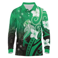 Polynesia Hammerhead Shark Long Sleeve Polo Shirt Green Tribal Pattern With Plumeria - Polynesian Pride