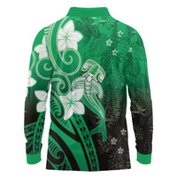 Polynesia Hammerhead Shark Long Sleeve Polo Shirt Green Tribal Pattern With Plumeria - Polynesian Pride