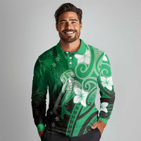 Polynesia Hammerhead Shark Long Sleeve Polo Shirt Green Tribal Pattern With Plumeria - Polynesian Pride