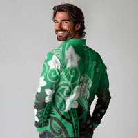 Polynesia Hammerhead Shark Long Sleeve Polo Shirt Green Tribal Pattern With Plumeria - Polynesian Pride