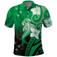 Polynesia Hammerhead Shark Polo Shirt Green Tribal Pattern With Plumeria - Polynesian Pride