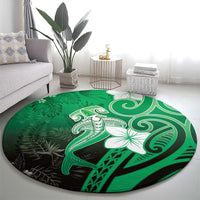 Polynesia Hammerhead Shark Round Carpet Green Tribal Pattern With Plumeria - Polynesian Pride