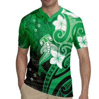 Polynesia Hammerhead Shark Rugby Jersey Green Tribal Pattern With Plumeria - Polynesian Pride