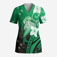 Polynesia Hammerhead Shark Scrub Top Green Tribal Pattern With Plumeria - Polynesian Pride