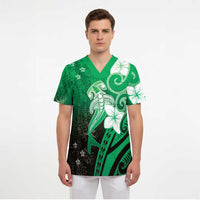 Polynesia Hammerhead Shark Scrub Top Green Tribal Pattern With Plumeria - Polynesian Pride