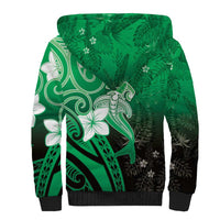 Polynesia Hammerhead Shark Sherpa Hoodie Green Tribal Pattern With Plumeria - Polynesian Pride