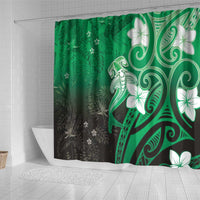 Polynesia Hammerhead Shark Shower Curtain Green Tribal Pattern With Plumeria - Polynesian Pride