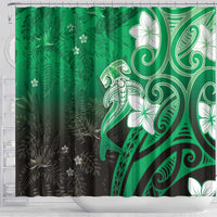 Polynesia Hammerhead Shark Shower Curtain Green Tribal Pattern With Plumeria - Polynesian Pride