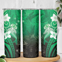 Polynesia Hammerhead Shark Skinny Tumbler Green Tribal Pattern With Plumeria - Polynesian Pride