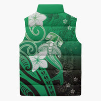 Polynesia Hammerhead Shark Sleeveless Puffer Jacket Green Tribal Pattern With Plumeria - Polynesian Pride