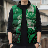 Polynesia Hammerhead Shark Sleeveless Puffer Jacket Green Tribal Pattern With Plumeria - Polynesian Pride