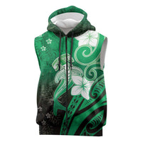 Polynesia Hammerhead Shark Sleeveless Zip Hoodie Green Tribal Pattern With Plumeria - Polynesian Pride