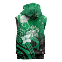Polynesia Hammerhead Shark Sleeveless Zip Hoodie Green Tribal Pattern With Plumeria - Polynesian Pride