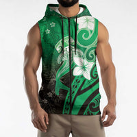 Polynesia Hammerhead Shark Sleeveless Zip Hoodie Green Tribal Pattern With Plumeria - Polynesian Pride